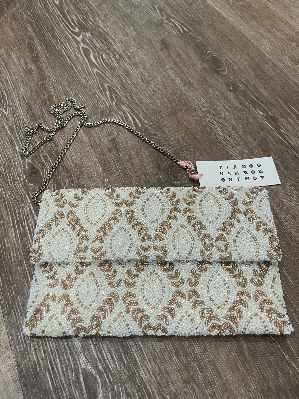 Tiana Beaded Half Flap Over Clutch in Ivory/New Taupe