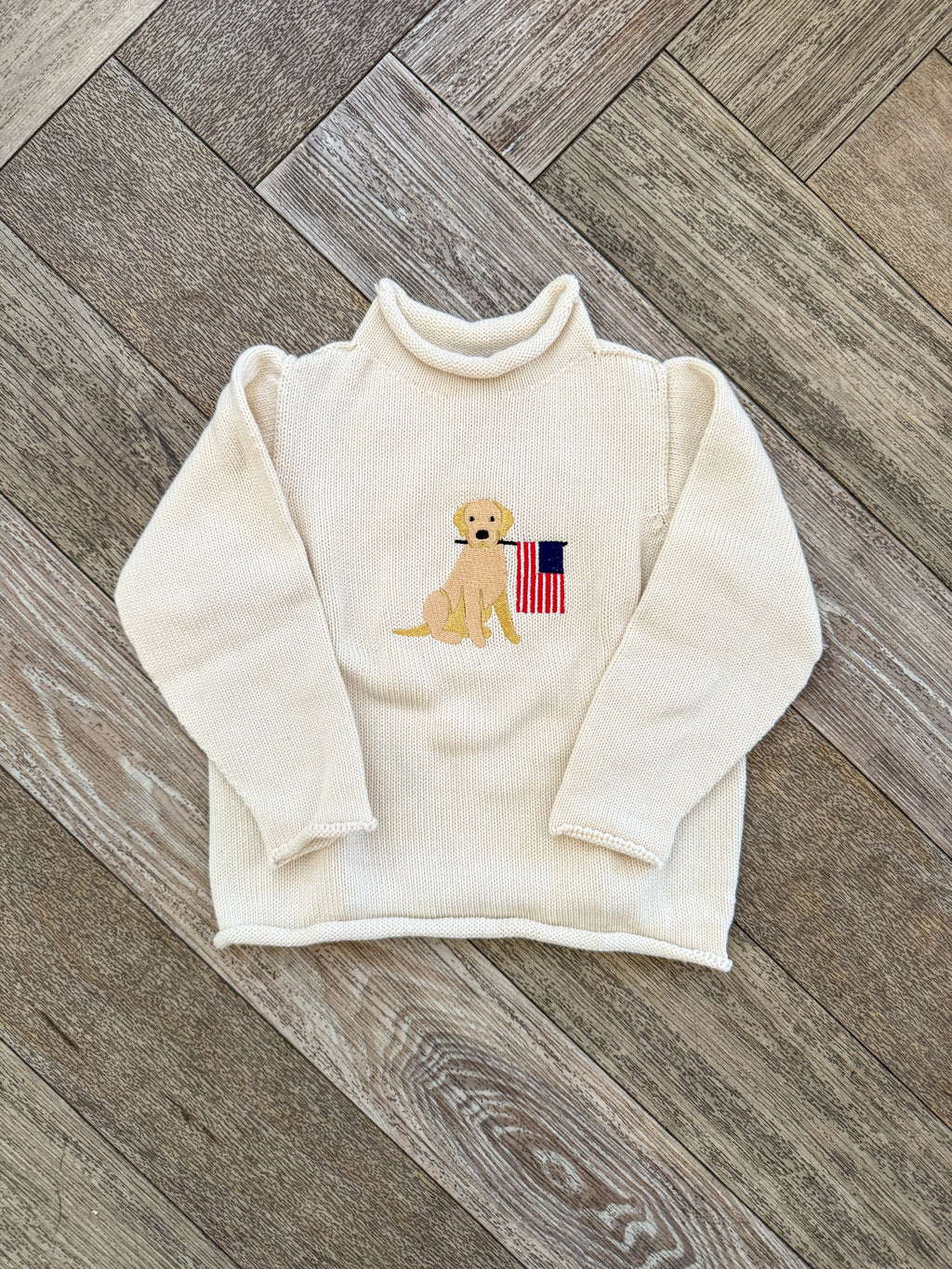 A Soft Idea Roll Neck Sweater in Cream with Patriot Pup