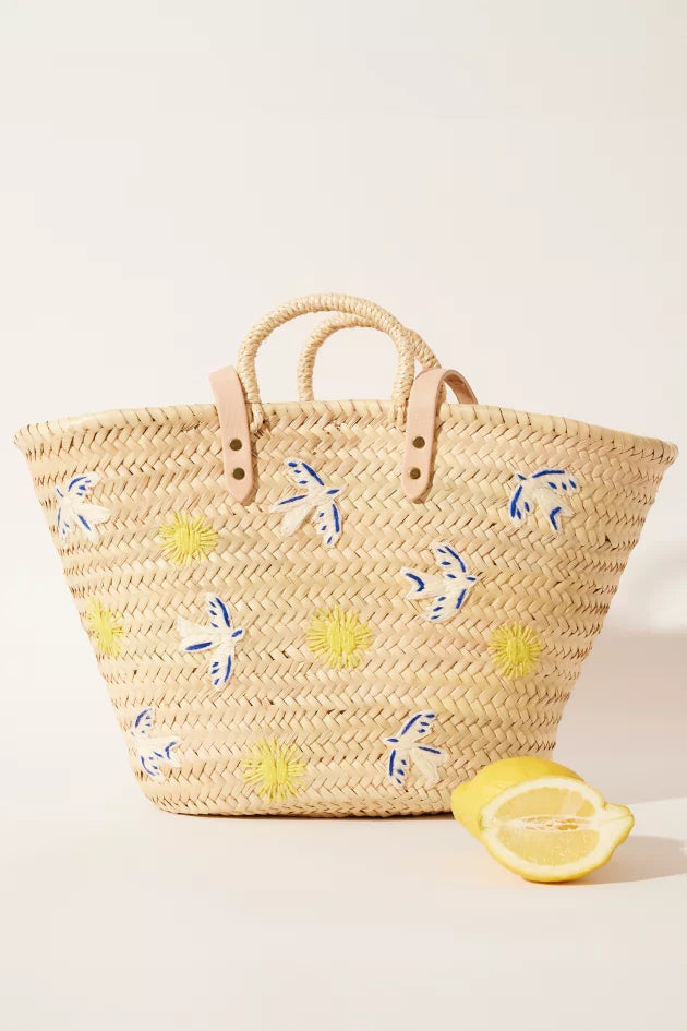 Maradji Embroidered Wicker Basket Bag in Birdy Blue