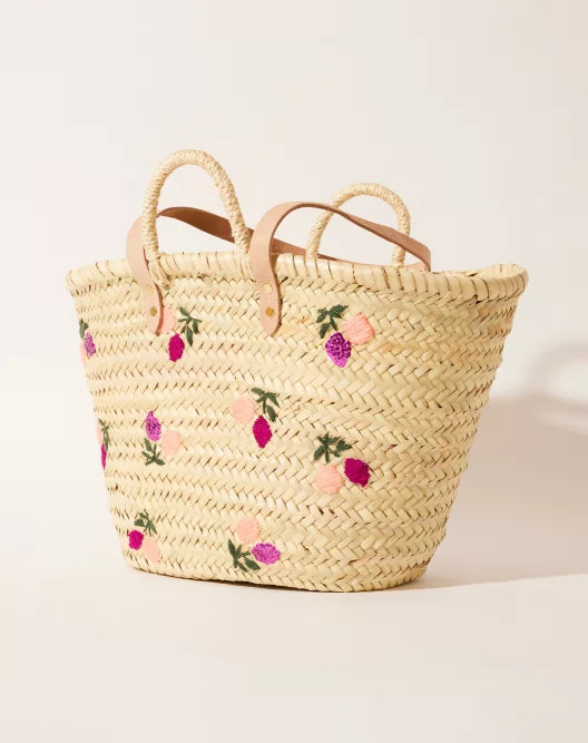 Maradji Embroidered Wicker Basket Bag in Pomelo