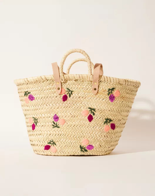 Maradji Embroidered Wicker Basket Bag in Pomelo