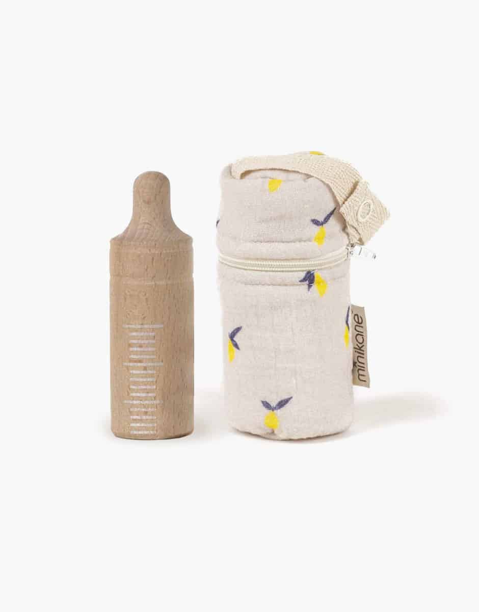 Minikane Wooden Baby Bottle and Holder for Dolls in Lemon Print