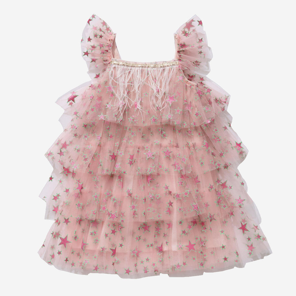 Petite Hailey Fur Layered Tutu Dress in Star Peach