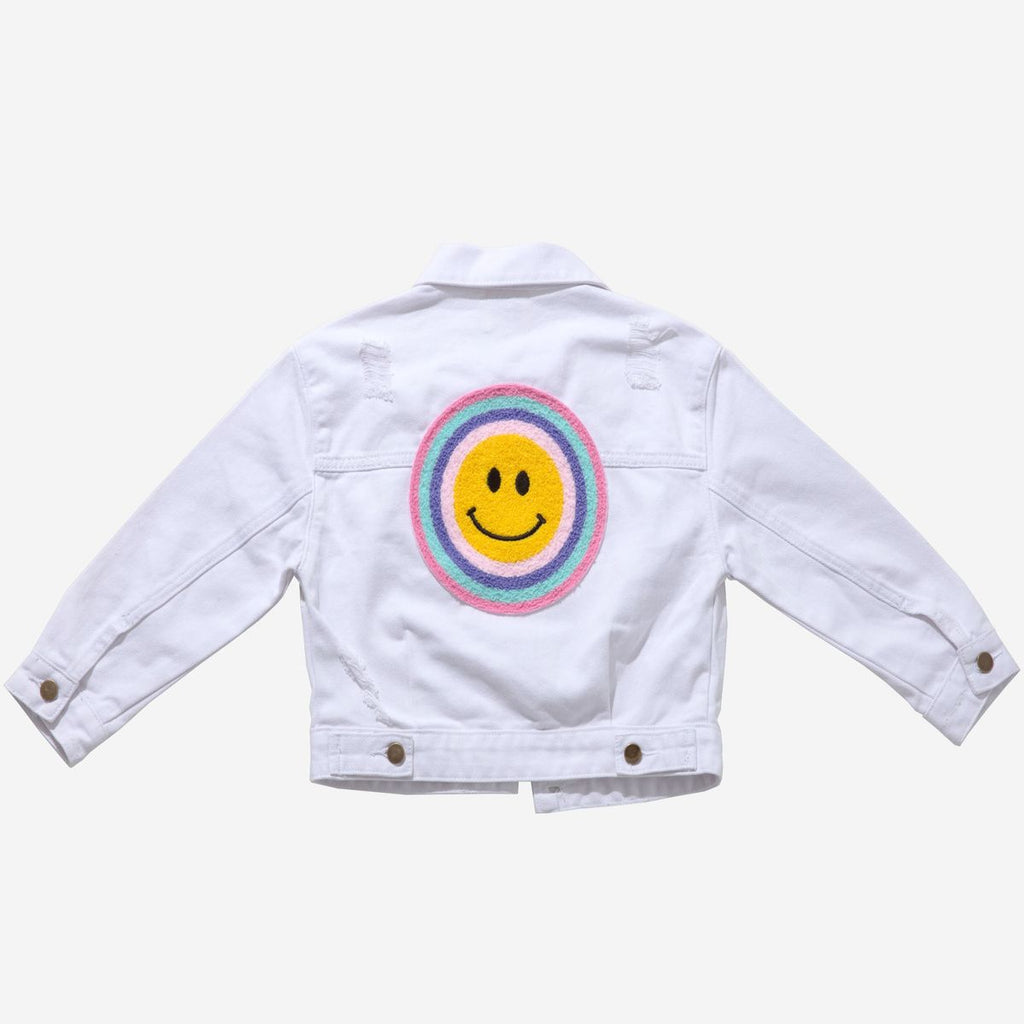 Petite Hailey Patched White Denim Jacket with Smiley Face