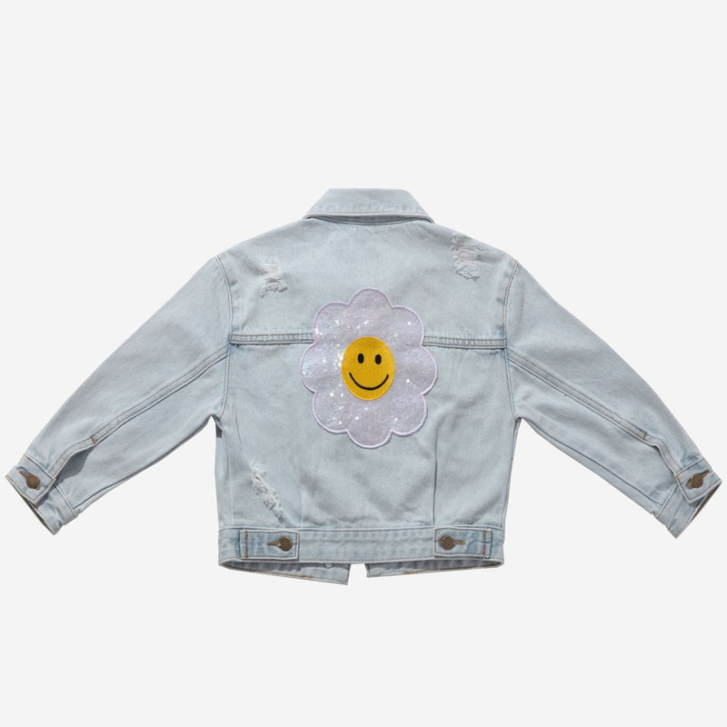 Petite Hailey Patched Denim Jacket with Light Blue Daisy