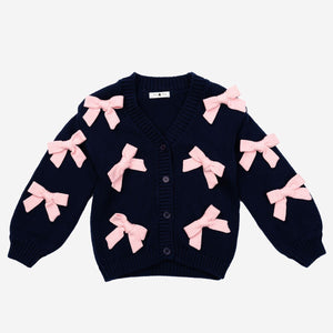 Petite Hailey Knit Bow Cardigan in Navy