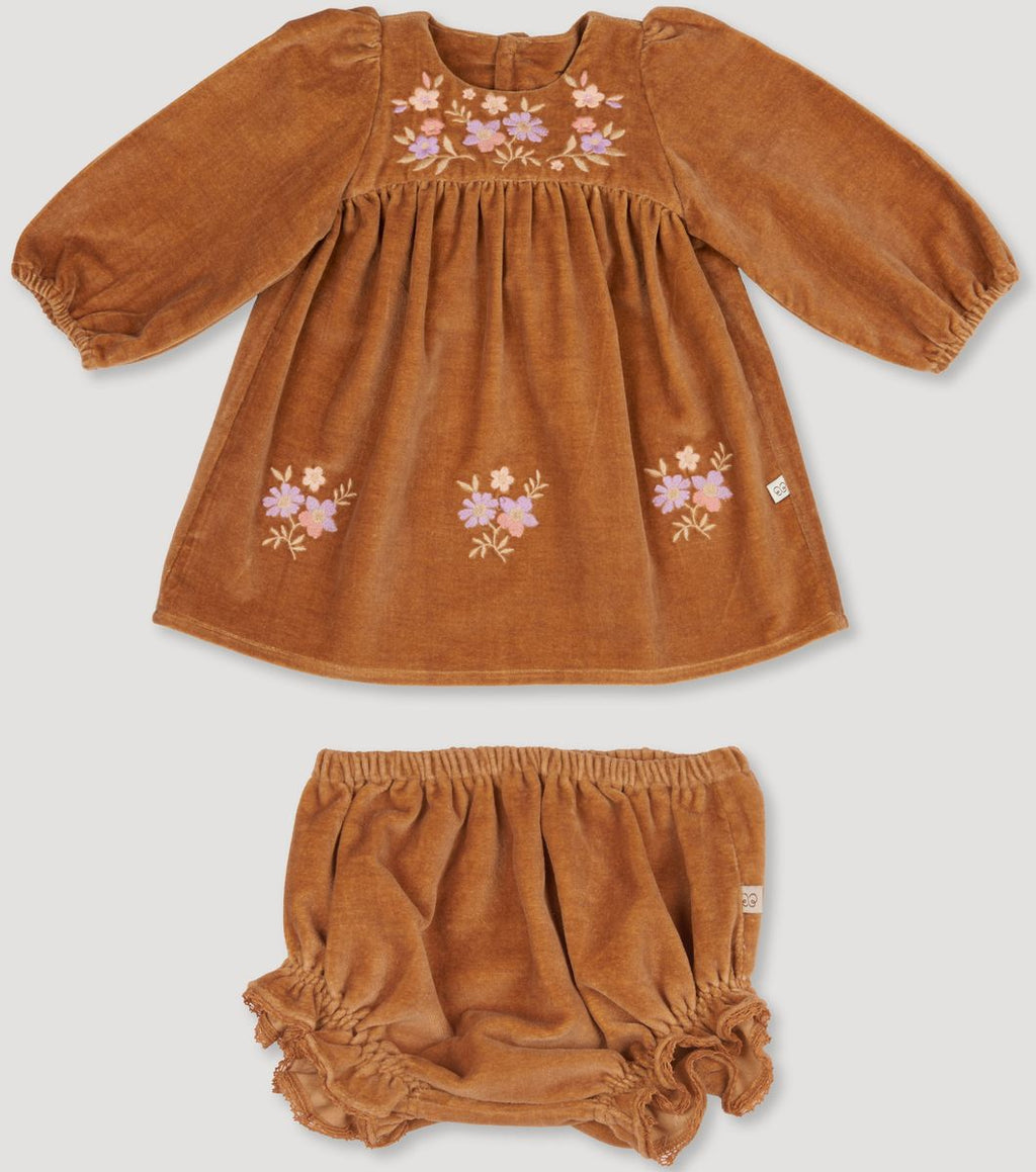 Early Sunday Joni Baby Dress & Bloomer in Almond Velvet