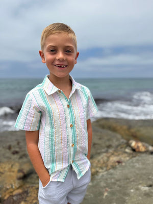 Me & Henry Newport Shirt in Green/Gold Stripe