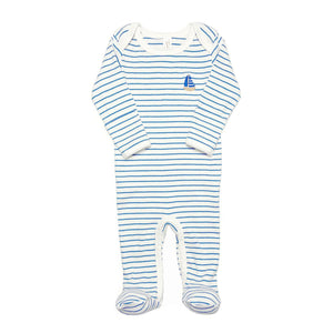 Tun Tun Lap Shoulder Ribbed Footie in Blue Stripes with Boats