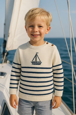 Me & Henry Crewneck Striped Sweater with Boat