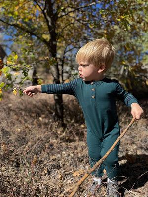 Me & Henry Estill Henley Romper in Green Stripe