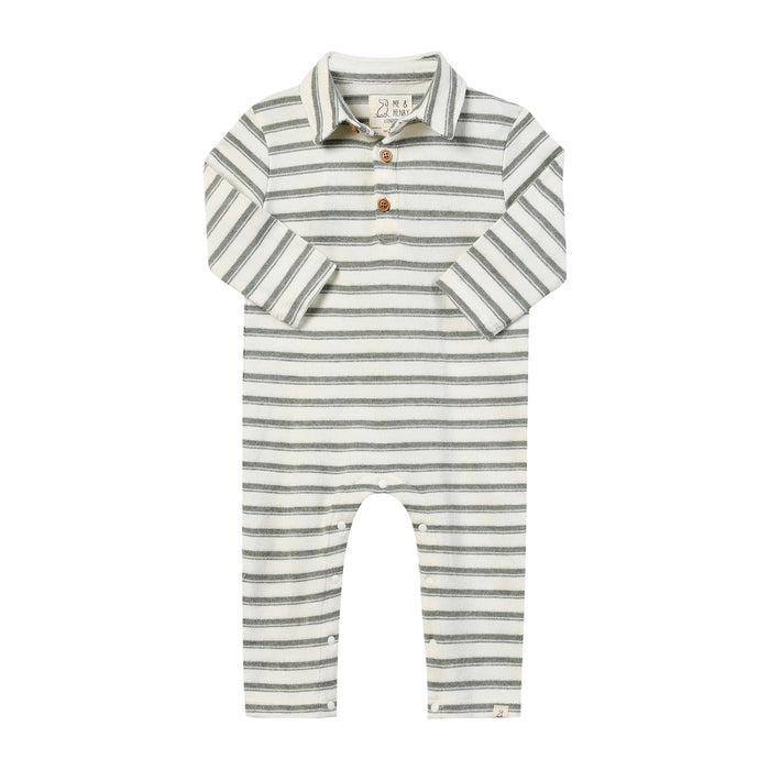 Me & Henry Kingston Polo Romper in Sage Stripe