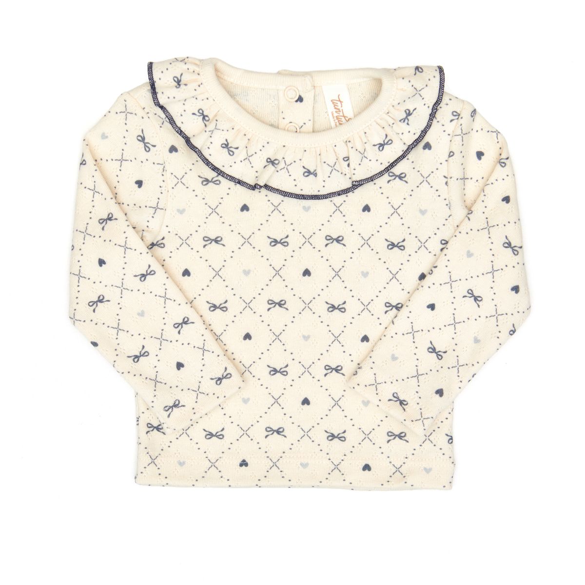 Tun Tun Pointelle Ruffle Top in Blue Bows