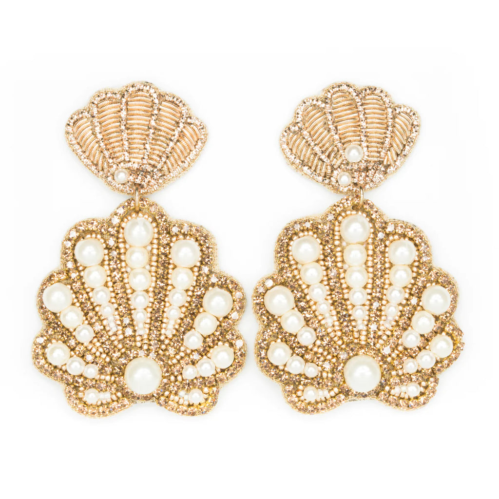 Beth Ladd Large Seashell Earrings in Gold/Pearl