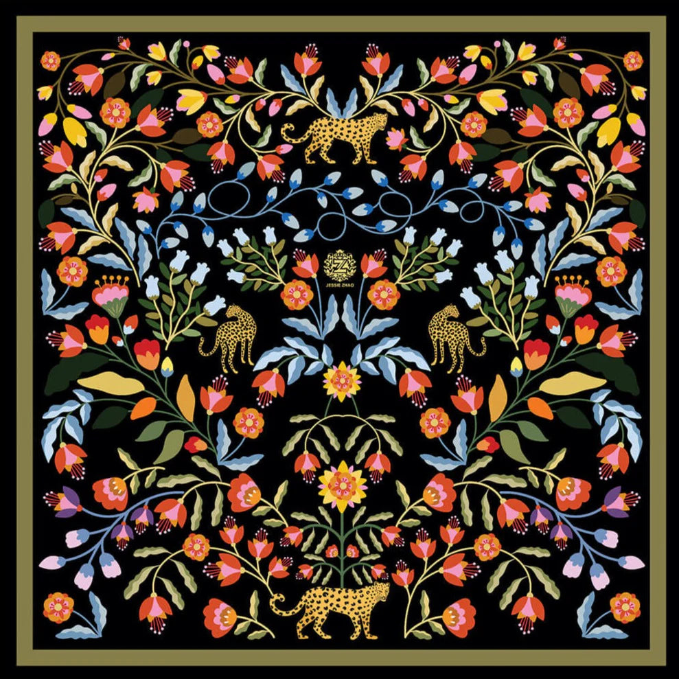 Jessie Zhao New York Double Sided Silk 35" Scarf in Night Garden Jungle Gathering