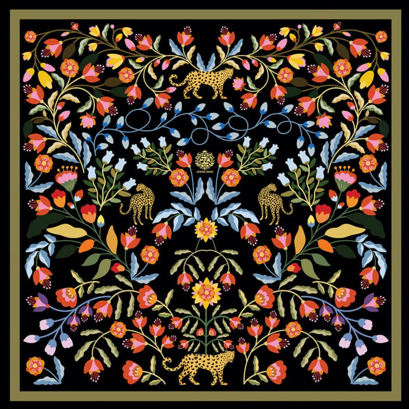 Jessie Zhao New York Double Sided Silk 35" Scarf in Night Garden Jungle Gathering