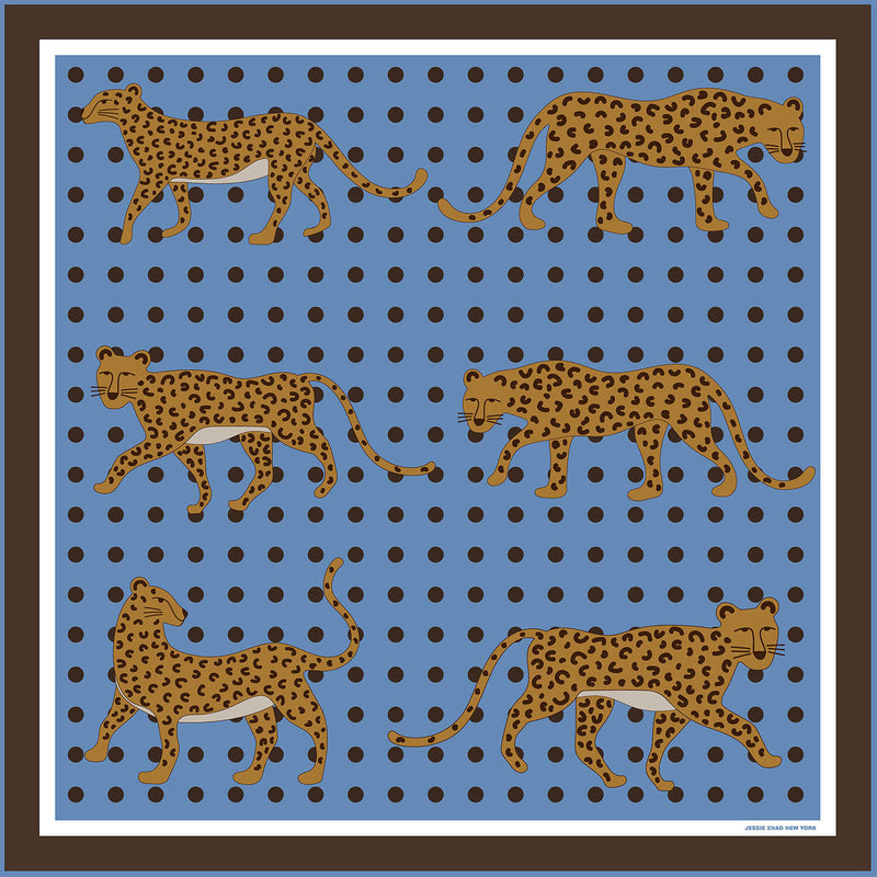 Jessie Zhao New York Double Sided Silk Scarf in Blue Leopards Garden