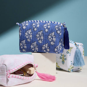 Frem Blue Quilted Floral Cosmetic Pouch – Zipper Makeup Bag with Tassel