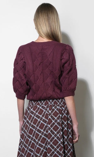 Greylin Hallie Cable Knit Puff Sleeve Sweater Top in Aubergine