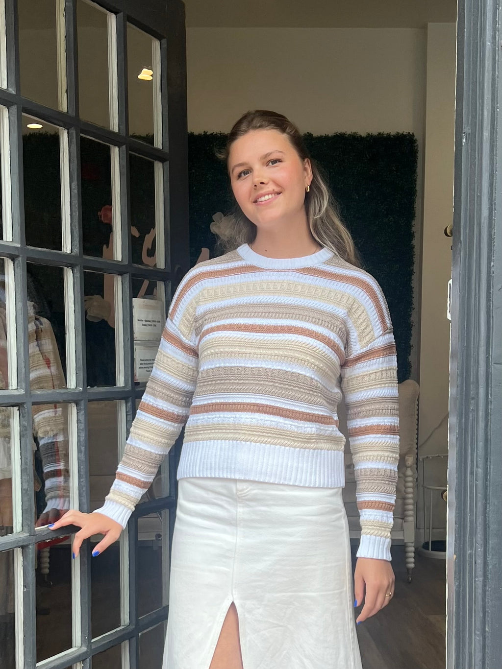 Autumn Cashmere Texture Stitch Stripe Crew in Bleach White Combo
