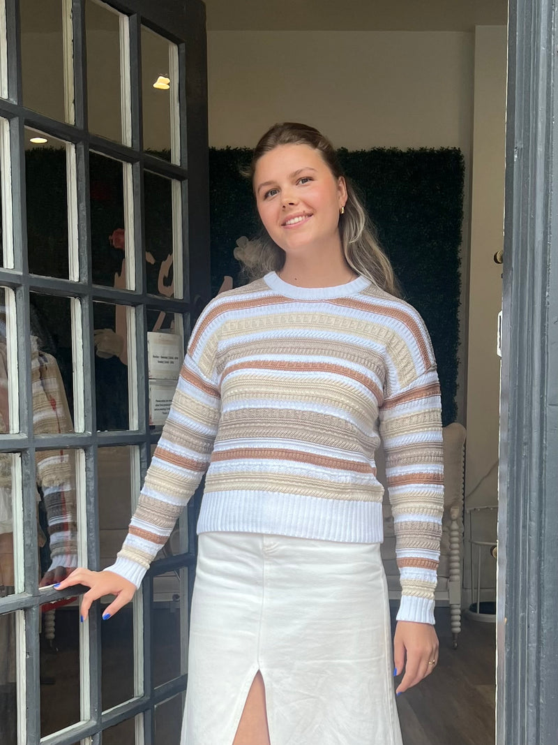 Autumn Cashmere Texture Stitch Stripe Crew in Bleach White Combo