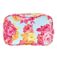 Bella Sleep Spa Quilted Cosmetic Bag in Blue + Rose Floral