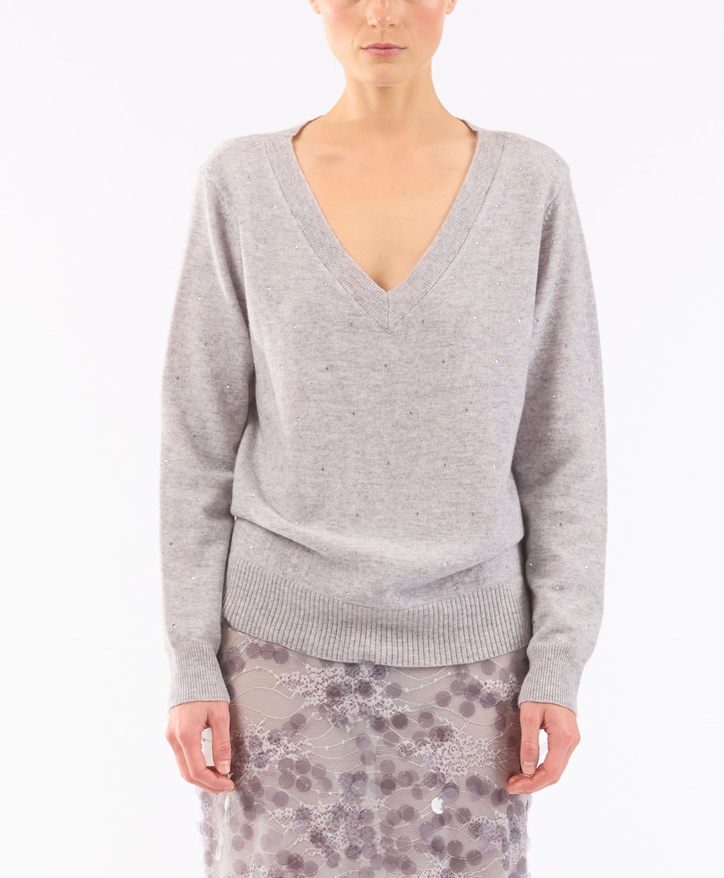 Le Superbe Discoball V-Neck Sweater in Foggy Grey