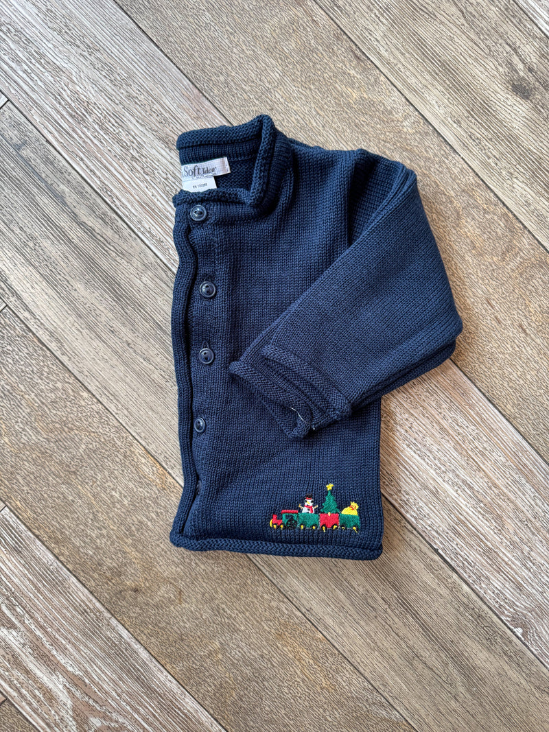 A Soft Idea Christmas Train Cardigan in Navy