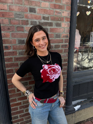 Autumn Cashmere Short Sleeve Rose Cropped Sweater in Black