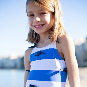 Pink Chicken Lottie Bow Swimsuit in Wide Blue Stripe