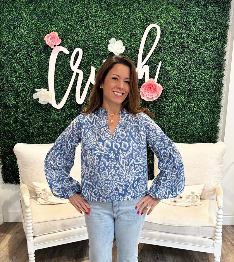 Elan Long Sleeve Blouse in Blue Acorn Print