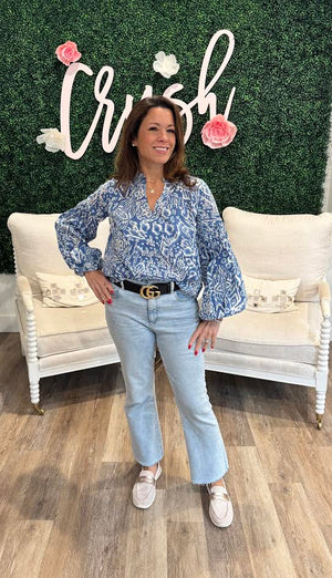 Elan Long Sleeve Blouse in Blue Acorn Print