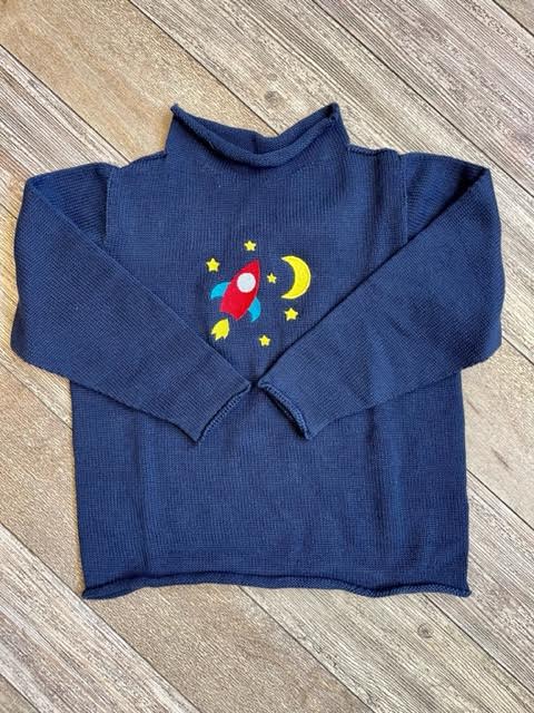 A Soft Idea Roll Neck Sweater in Navy with Rocketship