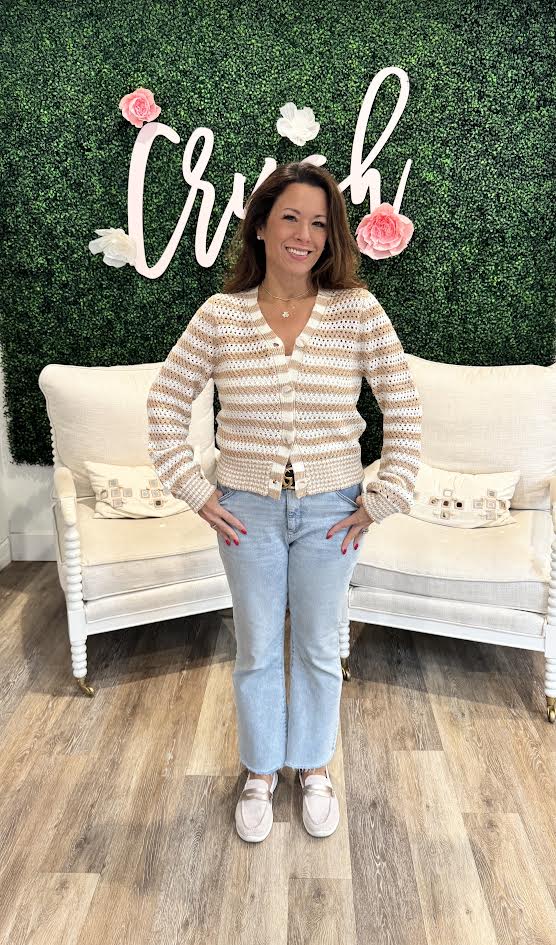 Elan V-Neck Striped Cardigan in Sand/White Combo