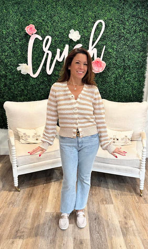 Elan V-Neck Striped Cardigan in Sand/White Combo