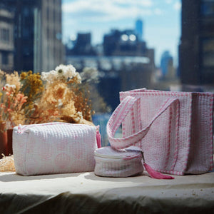 Frem Pink Quilted Seashell Cosmetic Pouch – Zipper Makeup Bag with Tassel