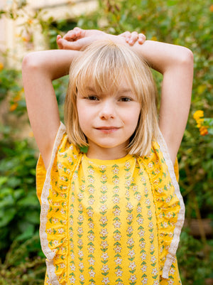 Tea Collection Crochet Trim Ruffle Dress in Vintage Floral Tile