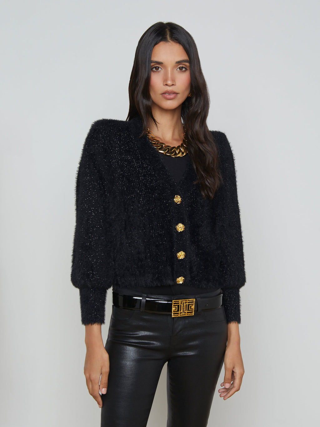 L'Agence Tallula Shoulder Pad Cardigan in Black Lurex