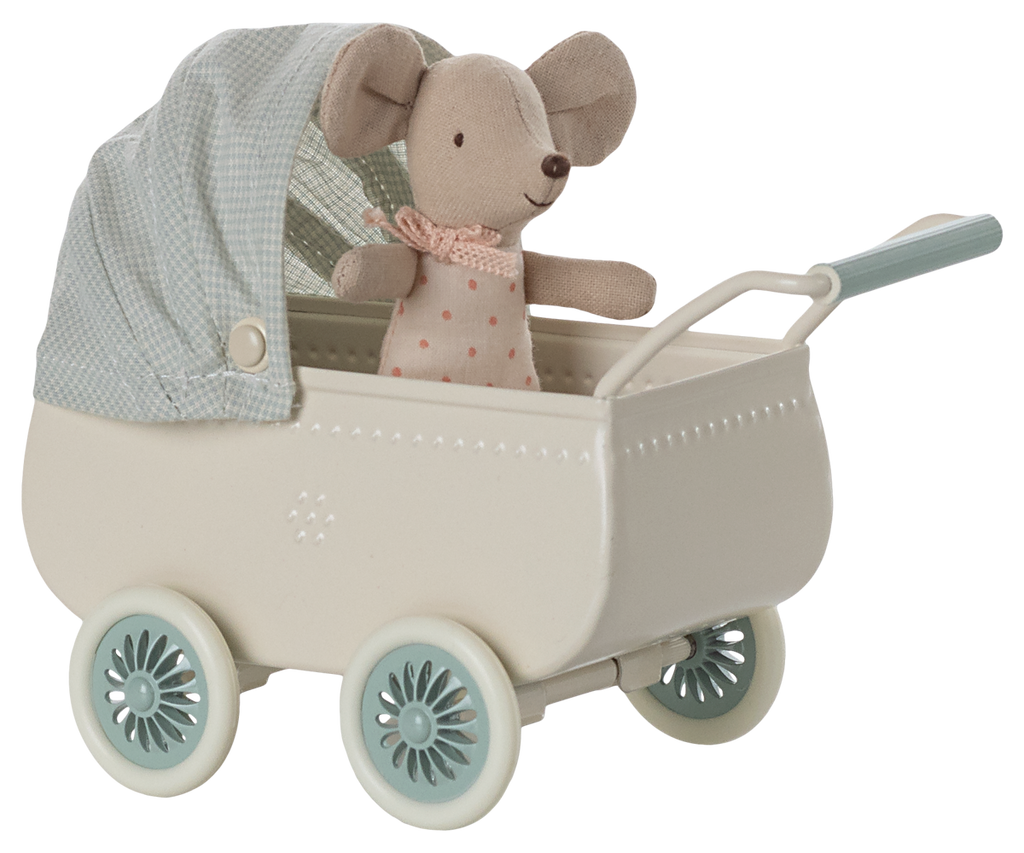 Maileg Pram with Baby Mouse in Mint