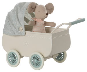 Maileg Pram with Baby Mouse in Mint