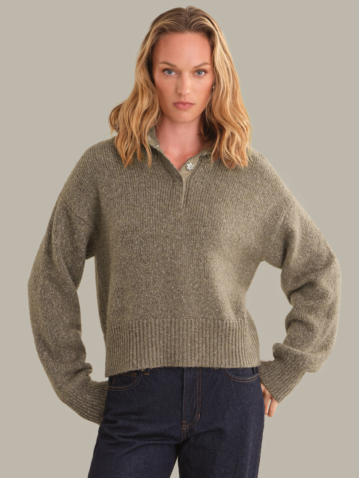 525 America Boxy Snap Front Henley Sweater in Mushroom Melange