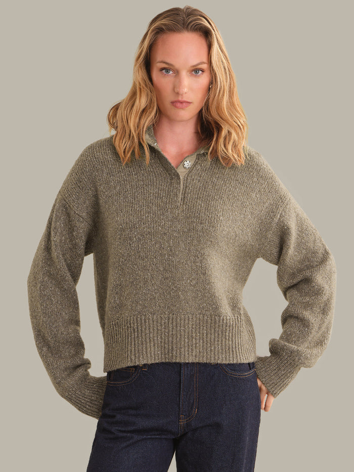 525 America Boxy Snap Front Henley Sweater in Mushroom Melange