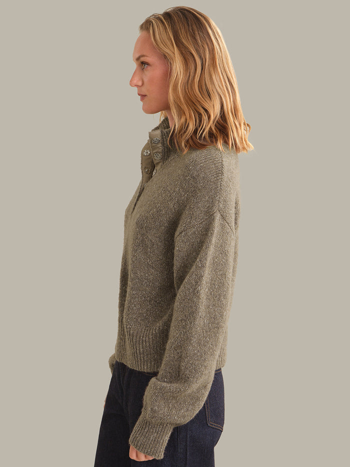 525 America Boxy Snap Front Henley Sweater in Mushroom Melange