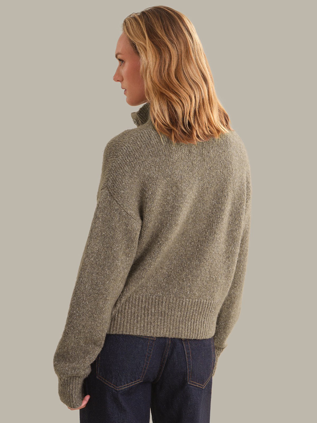 525 America Boxy Snap Front Henley Sweater in Mushroom Melange