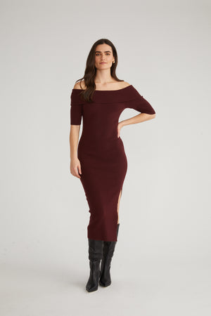 525 America Jennifer Off Shoulder Ribbed Midi Dress in Oxblood