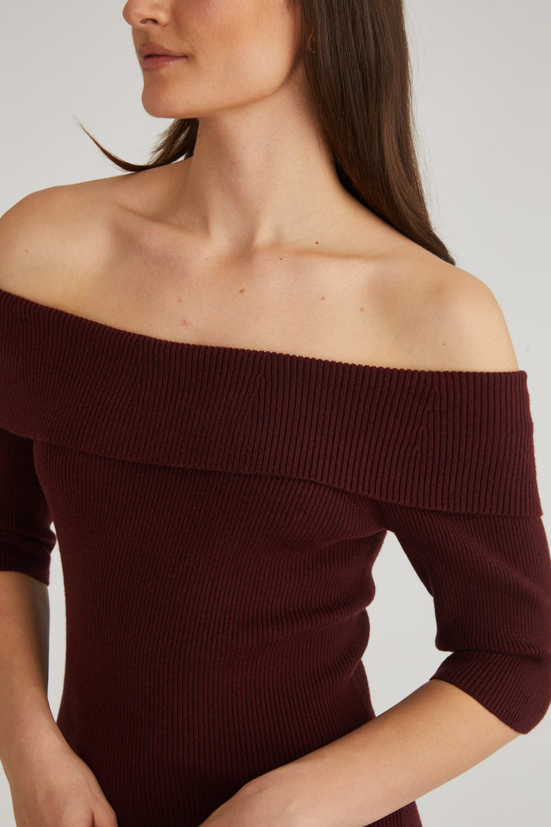 525 America Jennifer Off Shoulder Ribbed Midi Dress in Oxblood