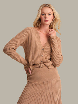 525 America Lorelai Cropped Ribbed Cardigan in Fawn Heather