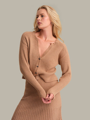 525 America Lorelai Cropped Ribbed Cardigan in Fawn Heather