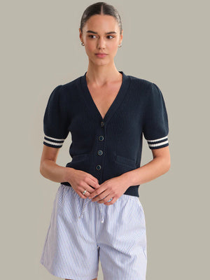 525 America Reagan Puff Sleeve Cardigan in Dark Blue