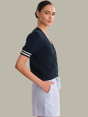 525 America Reagan Puff Sleeve Cardigan in Dark Blue